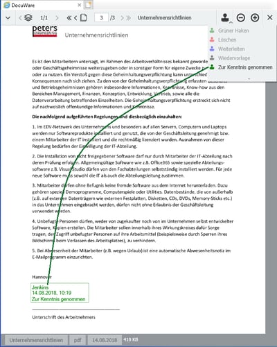 Der Mitarbeiter öffnet den Link und bestätigt die Kenntnisnahme per Stempel